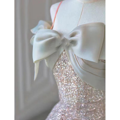 silver sequined tulle a-line gown