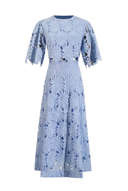 Lace Embroidered Top & Maxi Skirt Two-Piece Set in blue