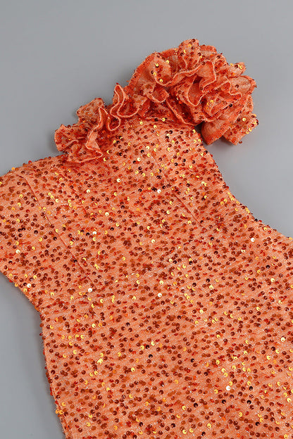 Orange Sequin One-Shoulder Floor-Length Gown