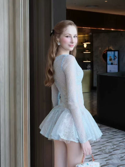 eileen Long-sleeve v-neck lace A-line mini dress in blue