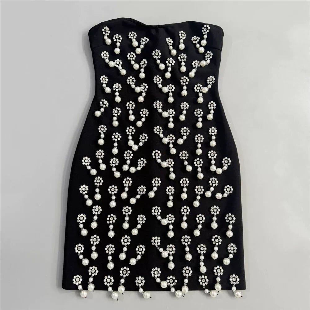 Strapless Pearl Rhinestone Cluster Bodycon Mini Dress