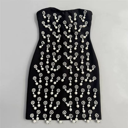 Strapless Pearl Rhinestone Cluster Bodycon Mini Dress