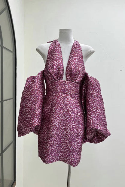 Jacquard rose pink halterneck mini dress