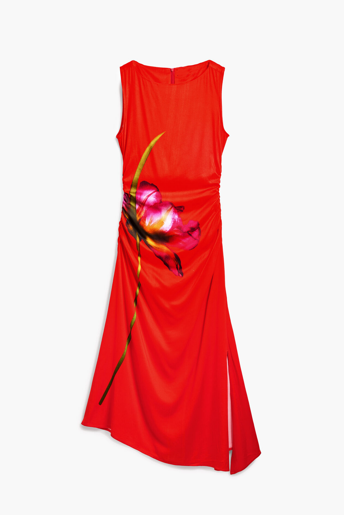 red sleeveless floral print with a ruched waist midi dress