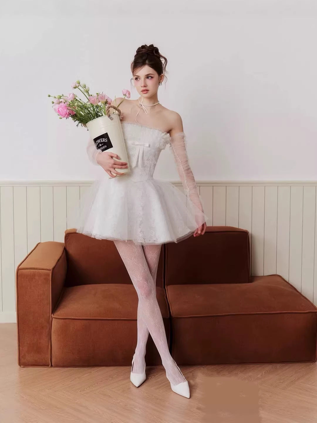 cornelia Lace mesh ribbon A-line strapless mini dress - white