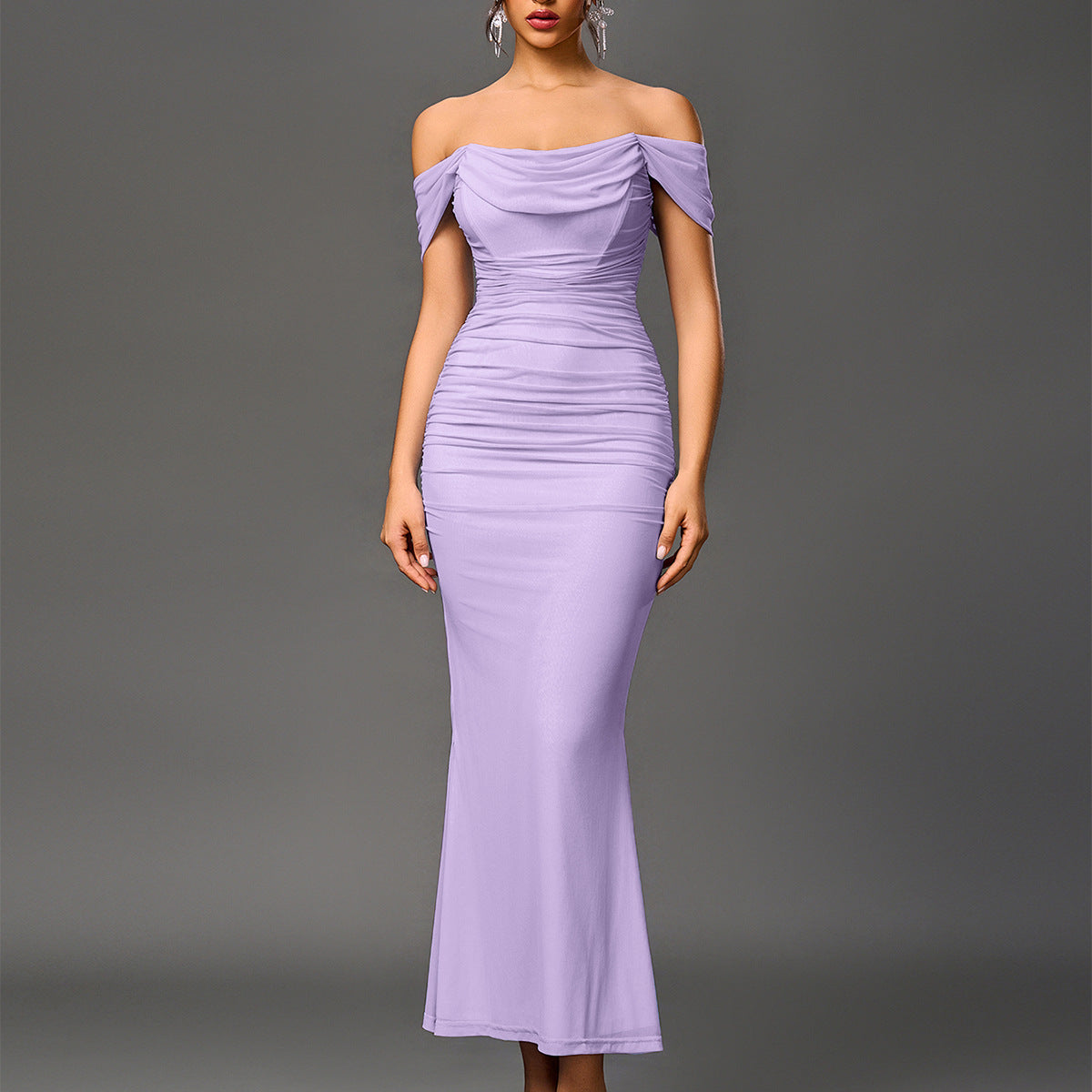 Off Shoulder Draped Cowl Ruched Mesh Mermaid Maxi Dress