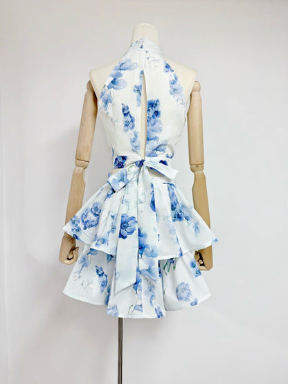 jessica printed backless halter top skirt set in blue
