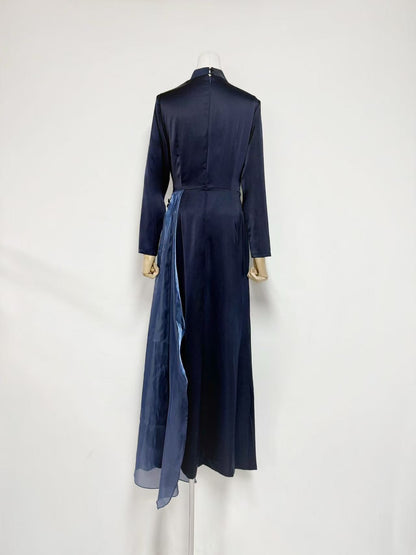 crystal flower Long-sleeve lace pleated maxi dress in blue