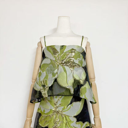 Black Metallic Floral Jacquard Two-Piece Set with Cropped Trapeze Top and Maxi Skirt