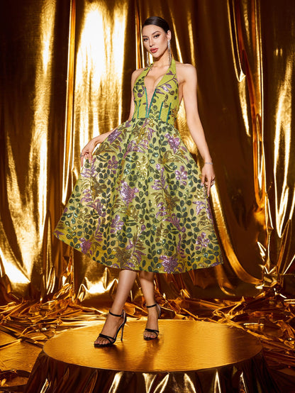 penny v-neck flower appliqué backless midi dress in green