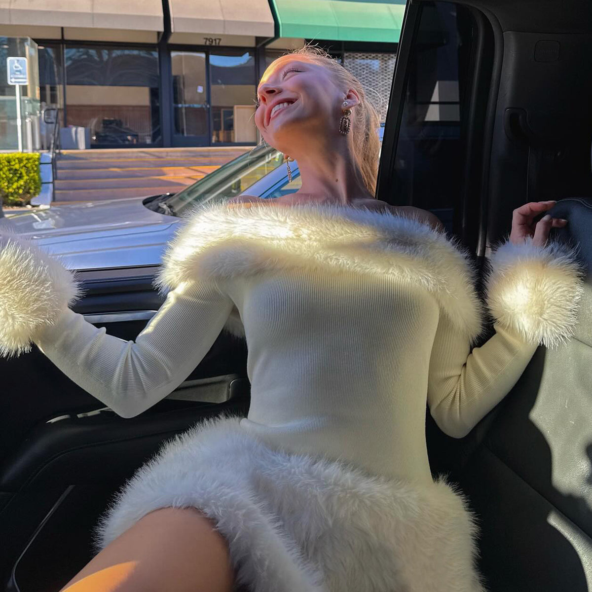 White Strapless faux fur slim mini dress