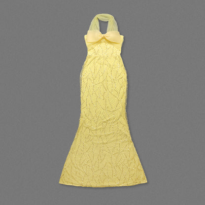 irene Halterneck Bowknot Beaded bodycon maxi dress in yellow