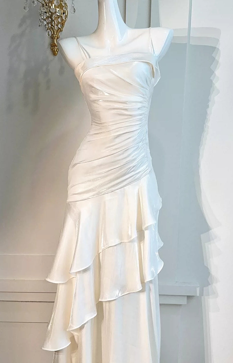 Side Ruched Tiered Ruffle Satin Spaghetti Strap Maxi Dress