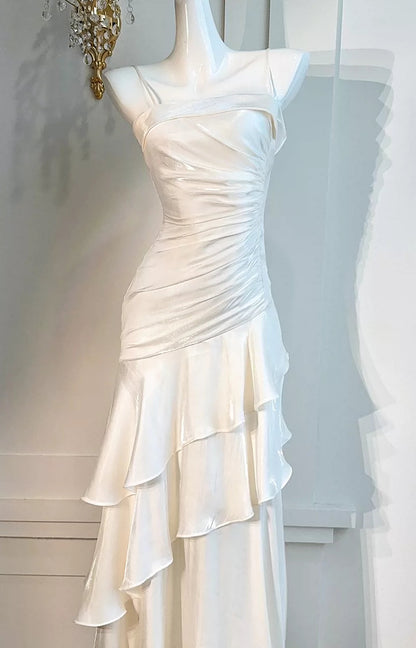 Side Ruched Tiered Ruffle Satin Spaghetti Strap Maxi Dress