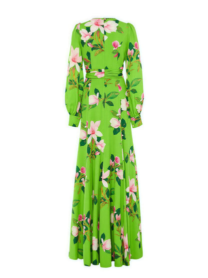 green floral satin long sleeve maxi dress