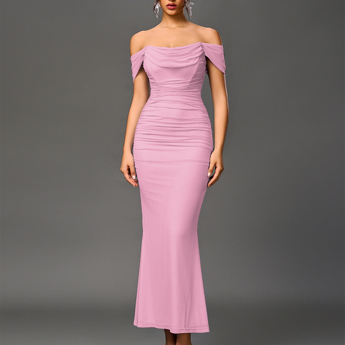 Off Shoulder Draped Cowl Ruched Mesh Mermaid Maxi Dress