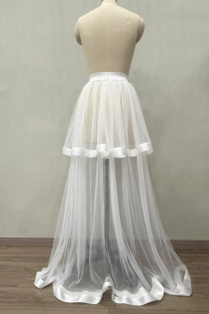 White Satin Trim Two-Layer High Low Tulle Overlay Skirt