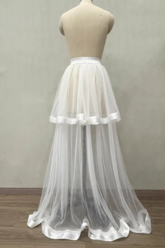 White Satin Trim Two-Layer High Low Tulle Overlay Skirt