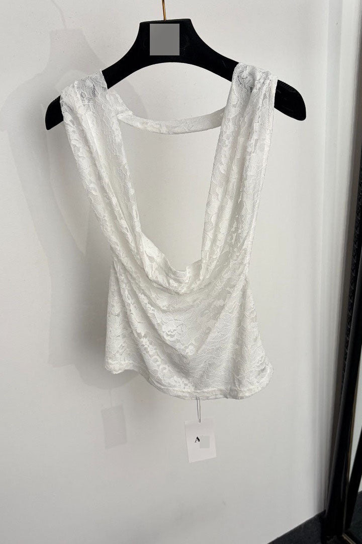 White Sheer Floral Lace Two-Piece Set - Halter Top & Flared Pants