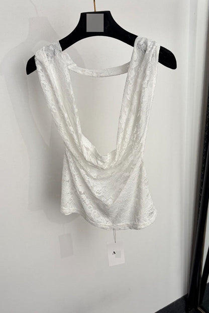 White Sheer Floral Lace Two-Piece Set - Halter Top & Flared Pants