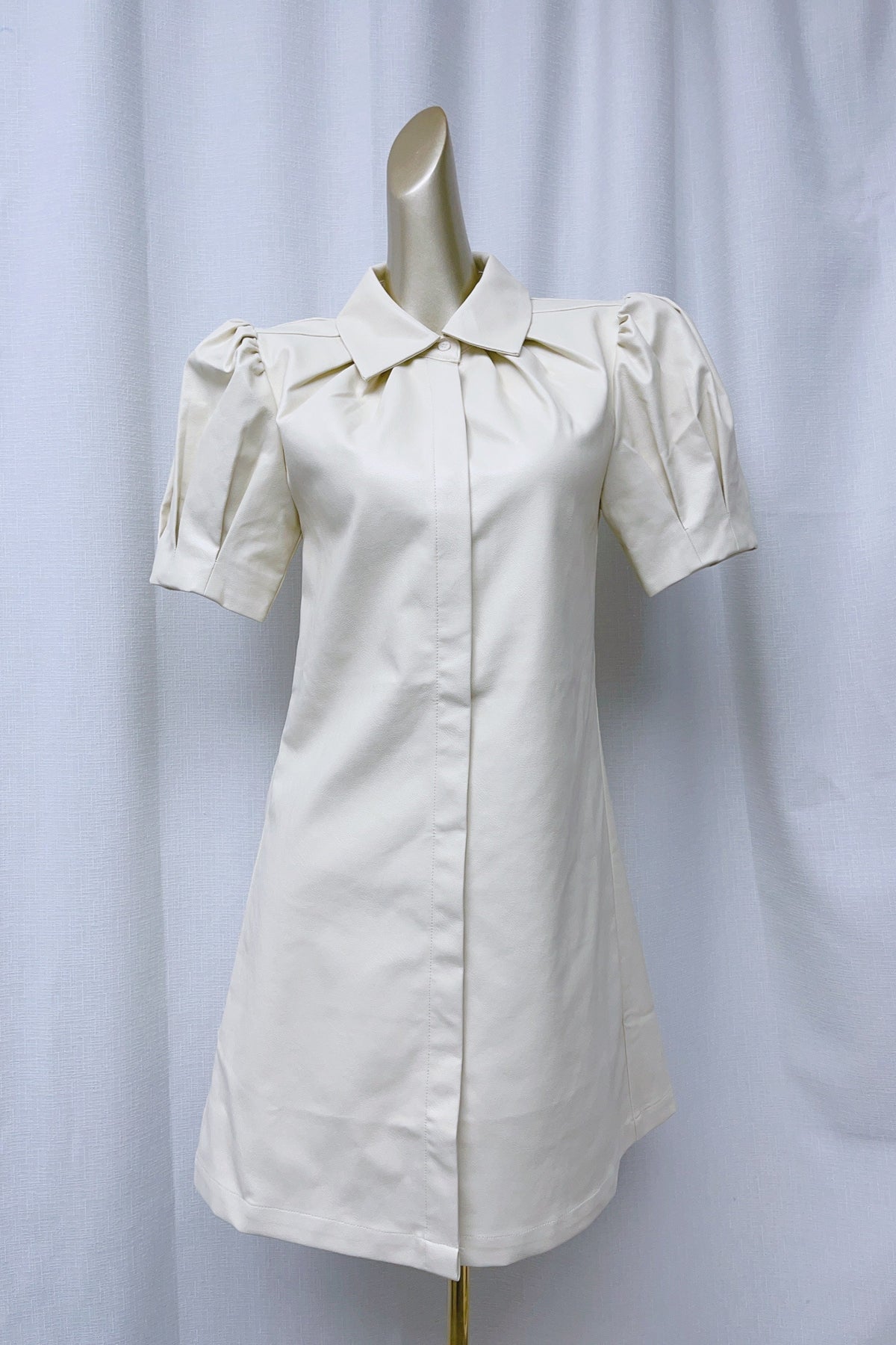 White lapel collar leather puff sleeves mini dress