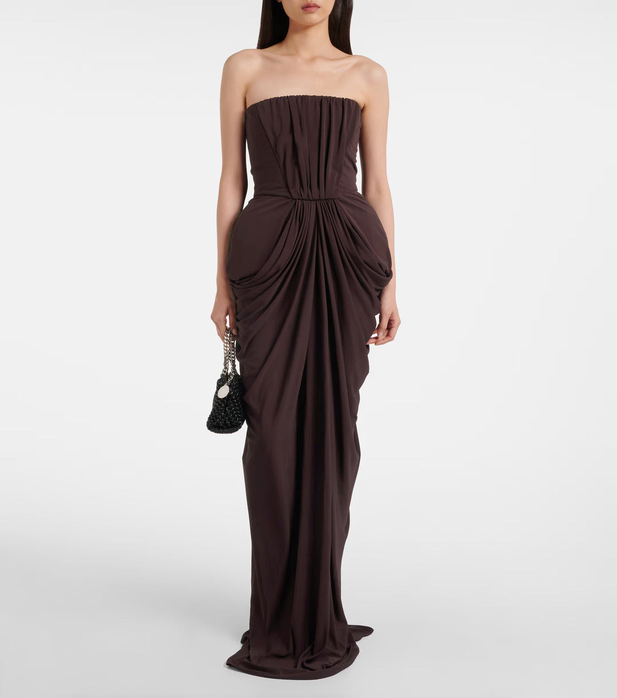 simona pleated Crepe Jersey strapless Gown in brown