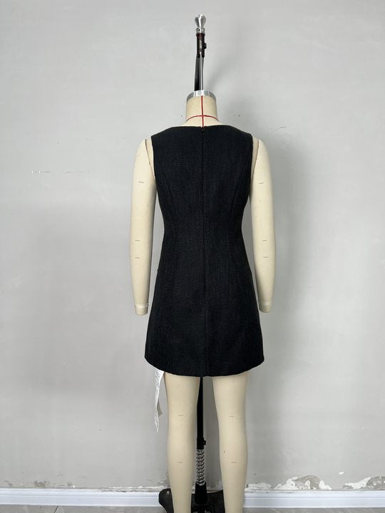 Black Tweed Scoop Neck Sleeveless Gold Button Pocket Mini Dress
