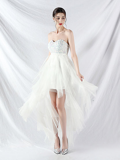 strapless sequin tulle midi dress