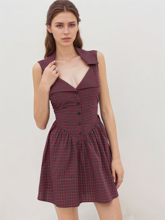 Red Plaid Sleeveless Lapel V Neck Button Front Fit And Flare Mini Dress Summer Retro Dress