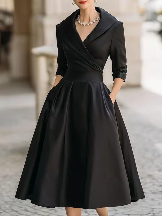 Lapel Collar Wrap V Neck Satin Midi Swing Dress