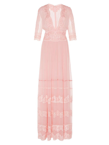 Blush Pink Lace-Trimmed V-Neck Maxi Dress