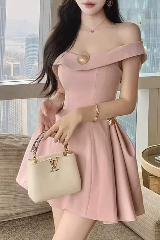 metal detail a-line off-shoulder mini dress in Pink