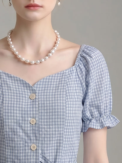 Sweetheart Neck Gingham Puff Short Sleeve Tie Waist Blouse