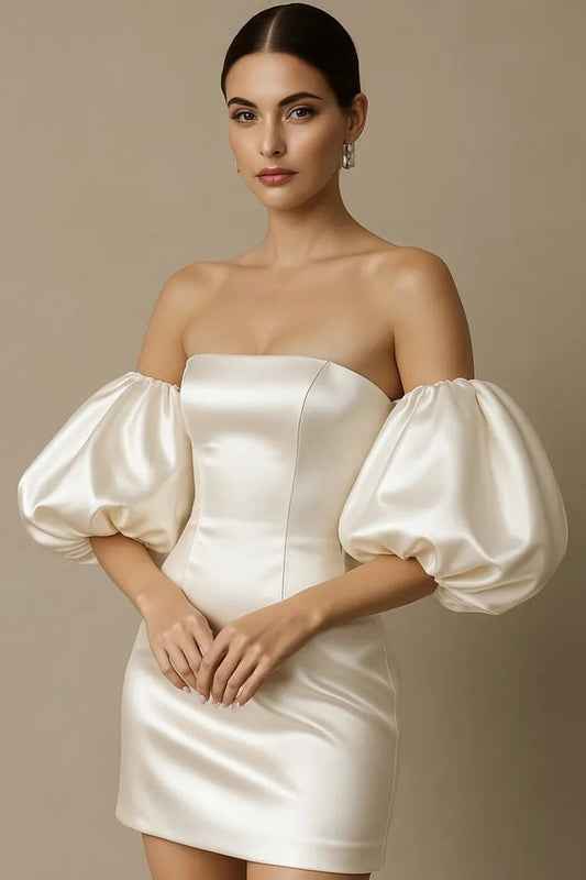 Off Shoulder Glossy Satin Mini Dress with Detachable Giant Puff Bubble Sleeves