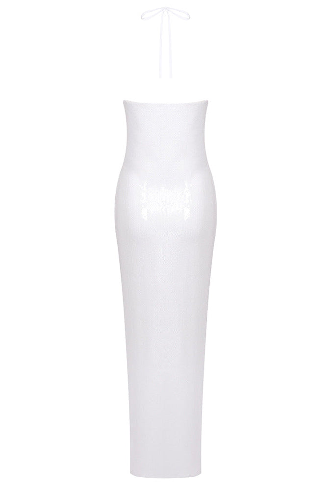 White Sequined Mesh Column Dress with Flower Embellishment