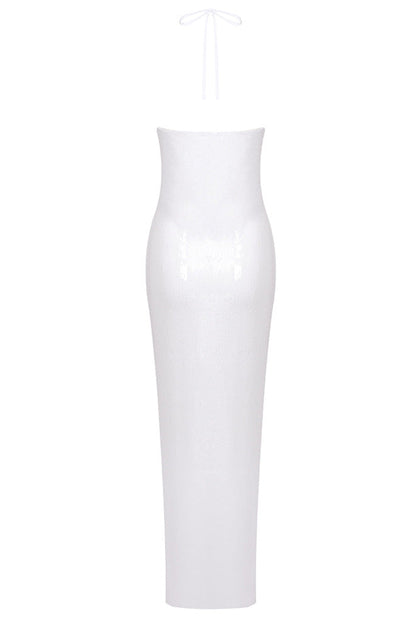 White Sequined Mesh Column Dress with Flower Embellishment