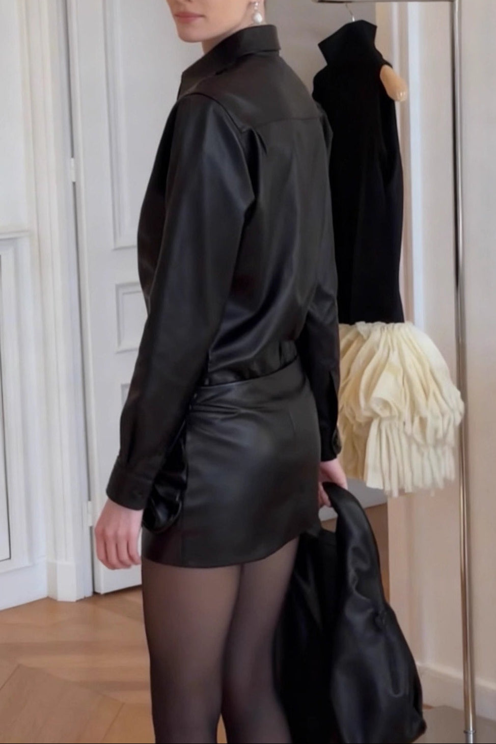 meredith leather top flower mini skirt set in black
