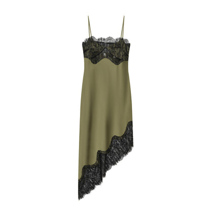 Olive Green Satin Asymmetrical Slip Dress with Black Lace Trim