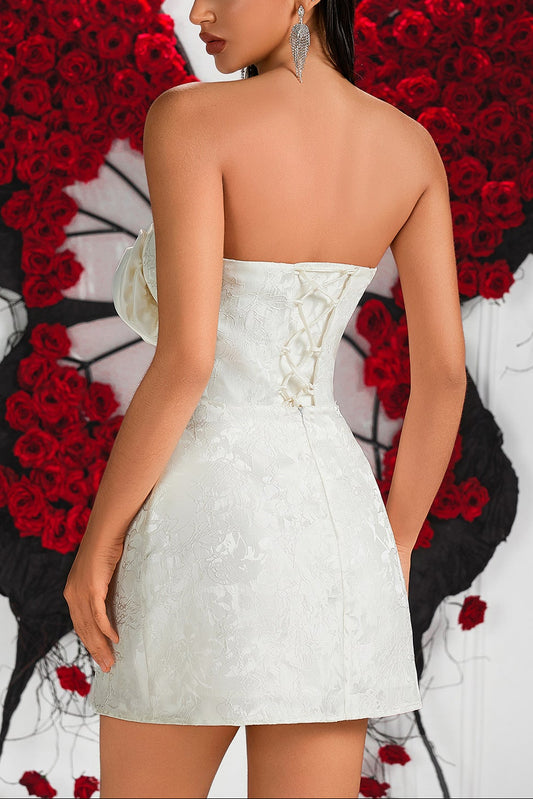 joyce 3d flower jacquard strapless mini dress in white