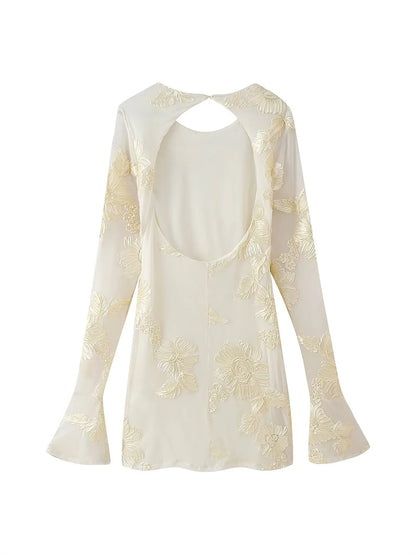 Floral Embroidered Open Back Mini Dress