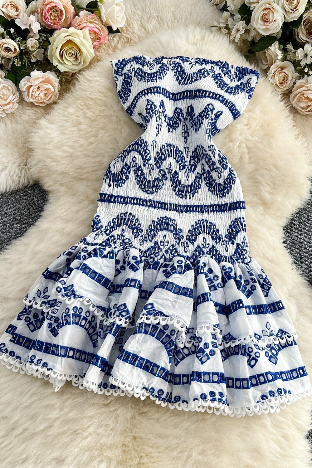 White Cotton Fit-and-Flare Mini Dress with Royal Blue Embroidery