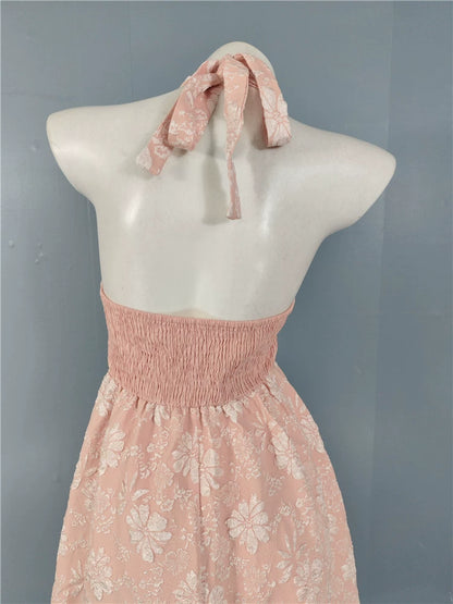 pink fairy jacquard halterneck open back big swing midi dress