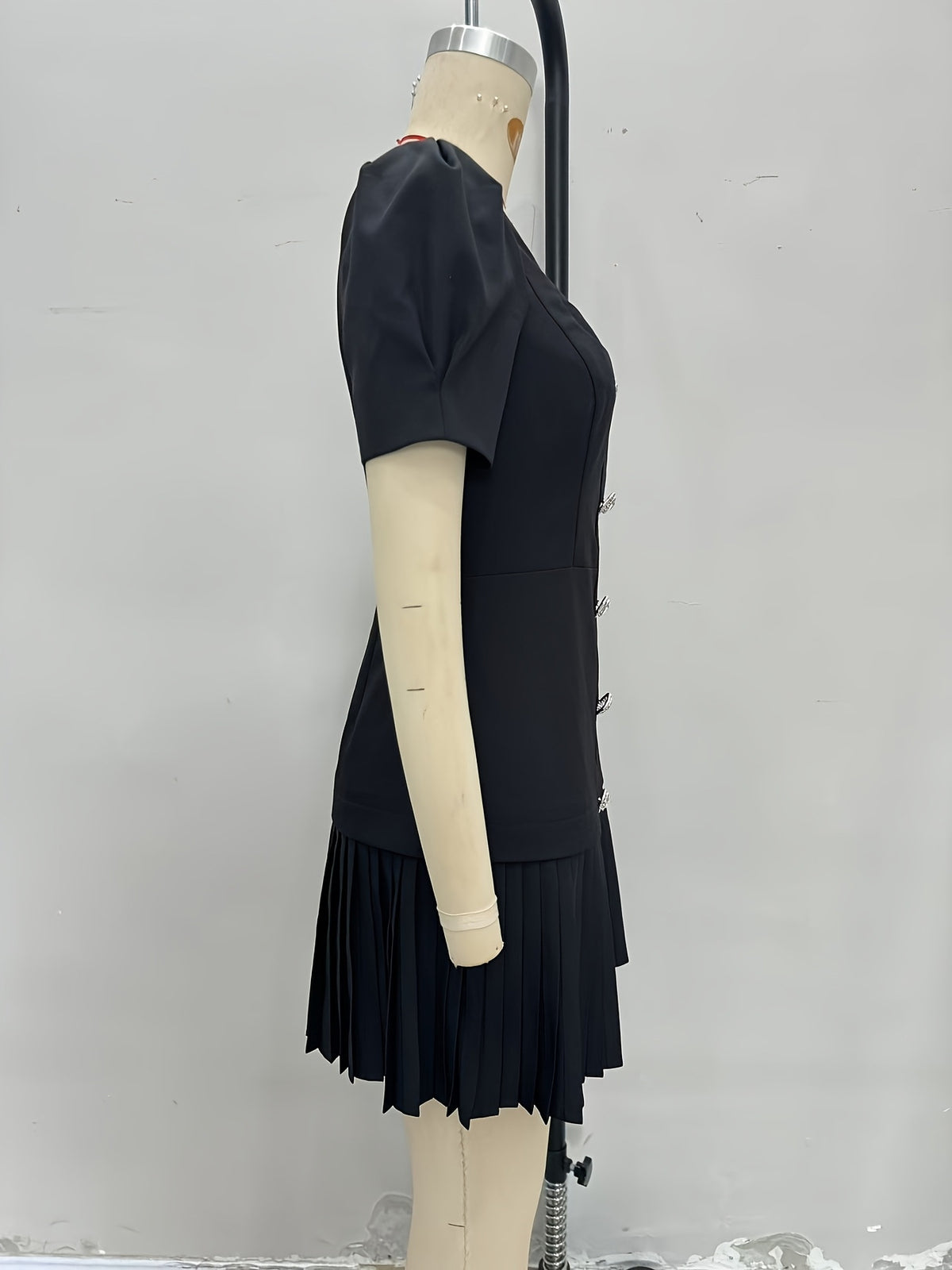 Black Sweetheart Square Neck Rhinestone Button Puff Sleeve Pleated Mini Dress