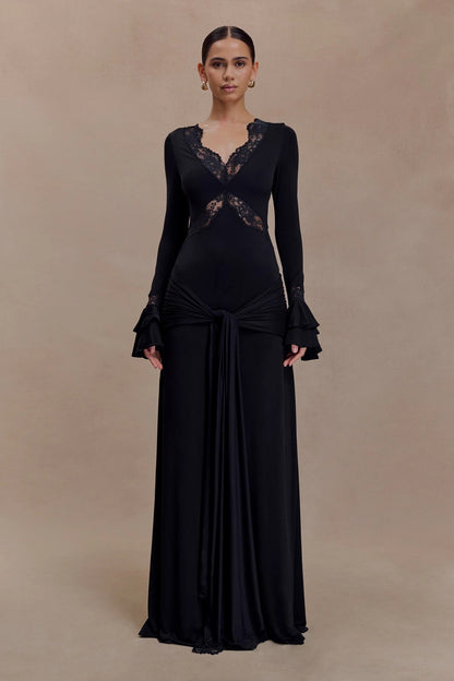 Lace Trim Flare Sleeve Draped Maxi Dress