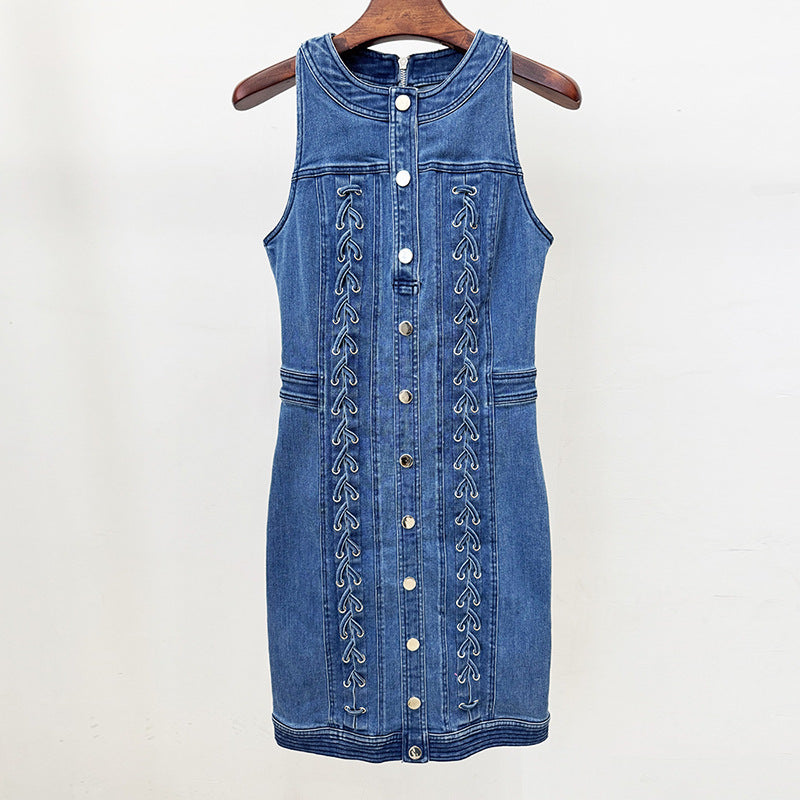 selena buttoned lace-up sleeveless mini dress in navy blue