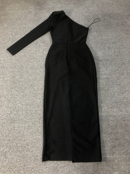elsa one shoulder rhinestone appliqué bandage midi dress in black