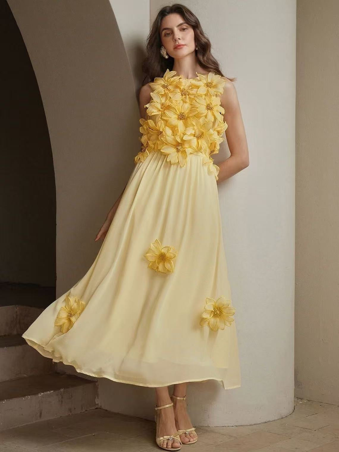 3d flower embellished sleeveless maxi dress in yellow