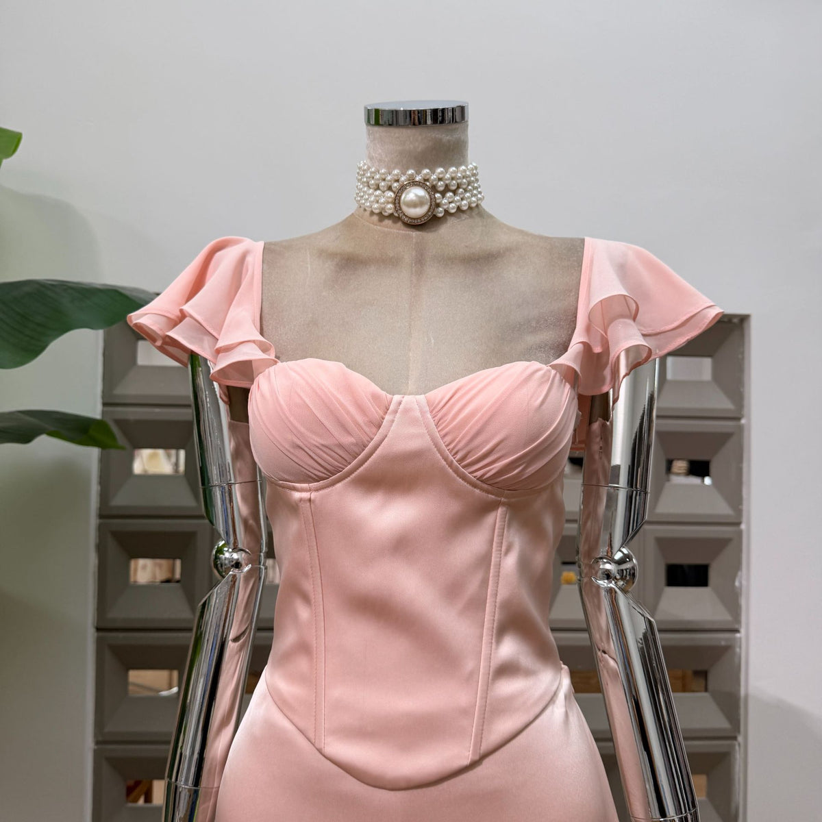 Pale Pink Satin Off‑Shoulder Two Piece Corset Mini Skirt Set