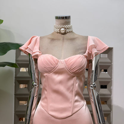 Pale Pink Satin Off‑Shoulder Two Piece Corset Mini Skirt Set