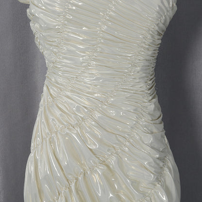 Champagne Gold Metallic Ruched Asymmetrical Dress